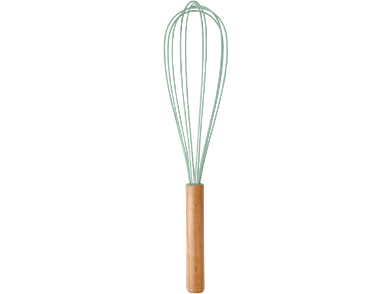 Frusta da cucina con fili in silicone verdi e manico in legno.