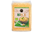 Bulgur biologico in un sacchetto trasparente, con una ciotola di bulgur cotto sull'etichetta.
