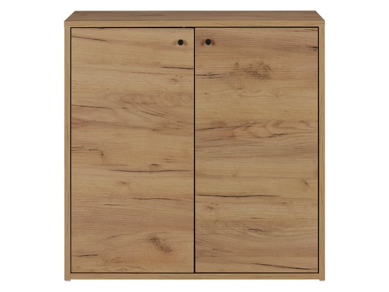 Mobile in legno con due ante e maniglie nere.