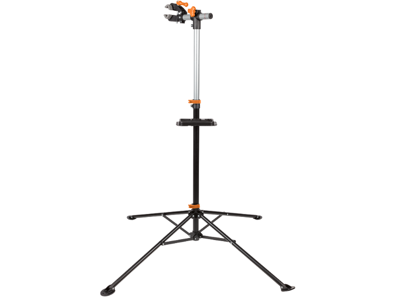 Cavalletto per riparazione bici nero e arancione con vassoio porta attrezzi.