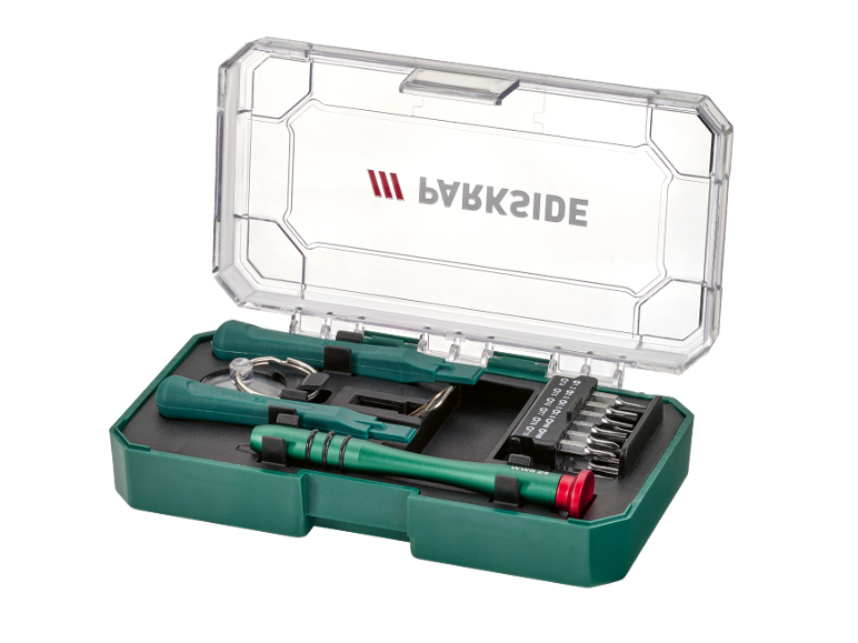 Kit di riparazione elettronica con cacciaviti e attrezzi in una custodia verde.