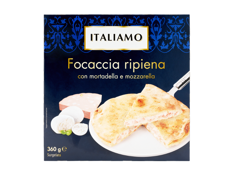 Focaccia ripiena con mortadella e mozzarella, 360g, surgelata.