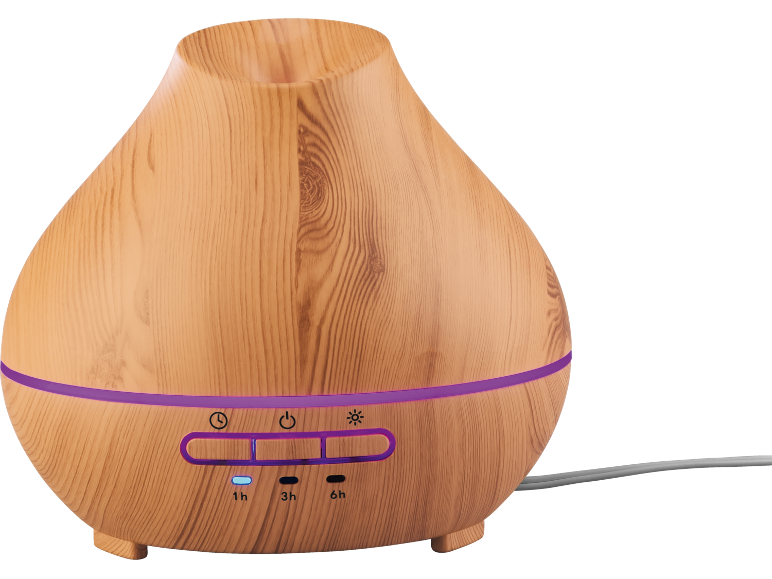 Diffusore di oli essenziali effetto legno con luce viola e timer 1h, 3h, 6h.