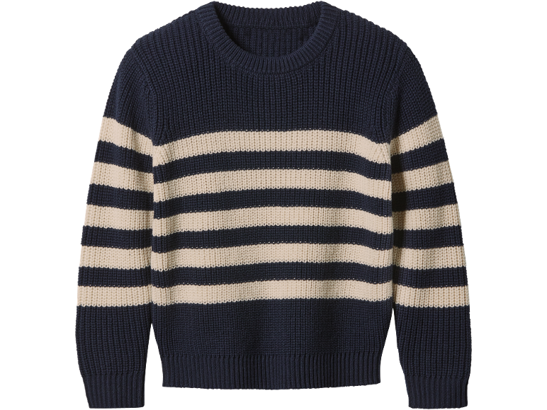 Maglione a righe blu navy e beige.