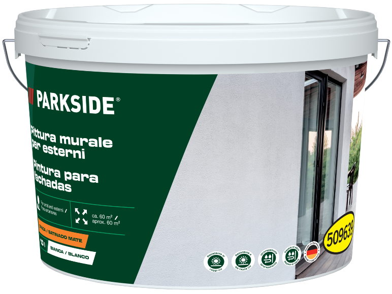 Pittura murale bianca per esterni, resistente ai raggi UV e idrorepellente.