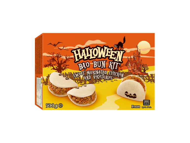 Kit Halloween Bao Bun, pollo marinato dolce e verdure, 500g, surgelato.