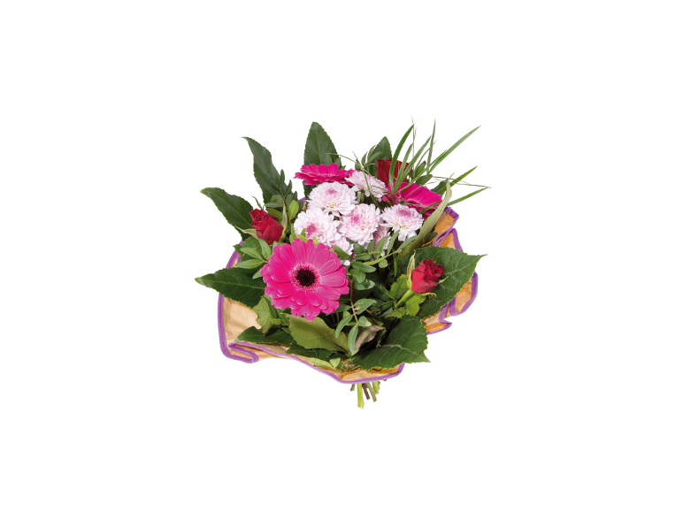 Bouquet di fiori misti con gerbere rosa, crisantemi bianchi e rose rosse.