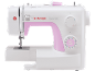 Macchina da cucire bianca e rosa con una bobina di filo rosa