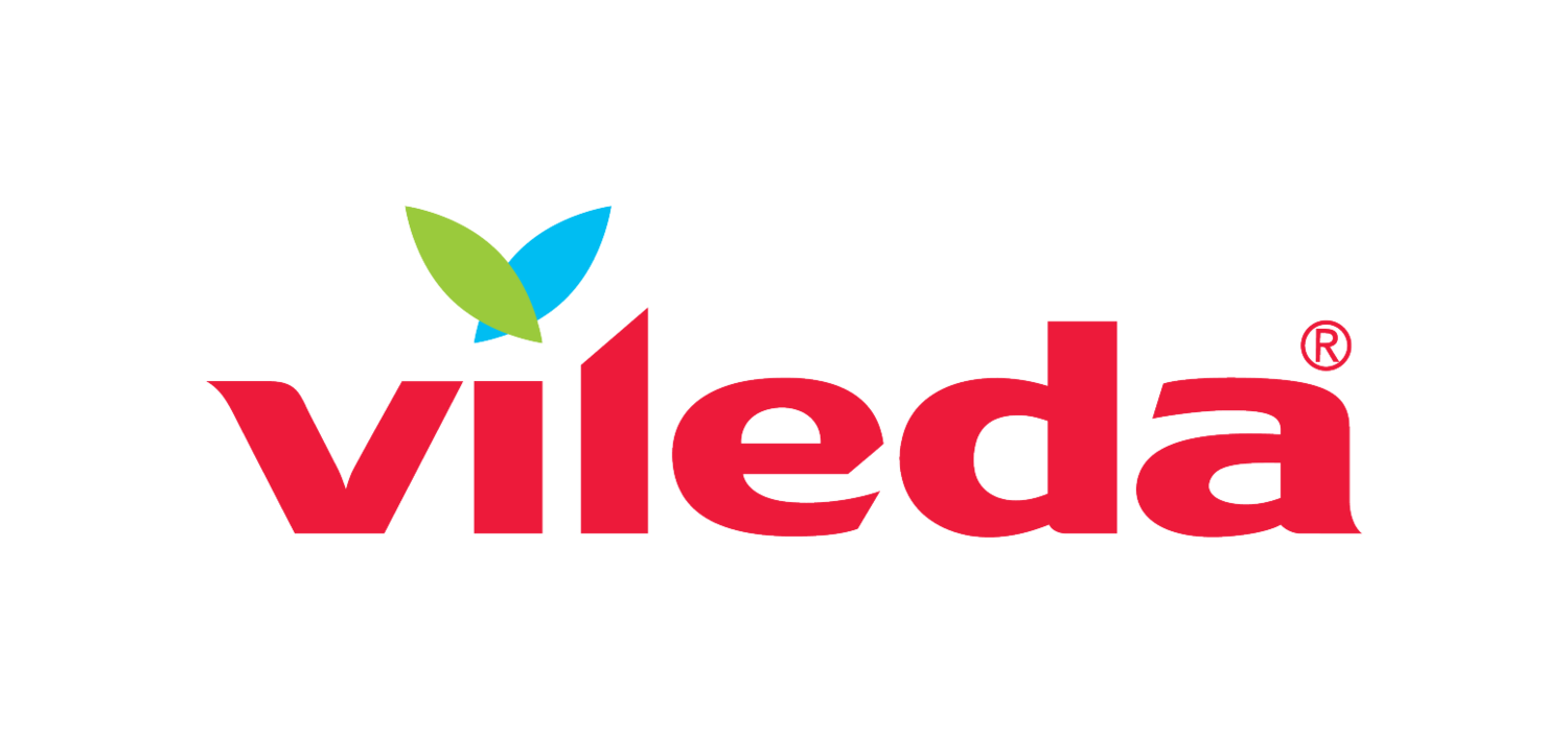 Logo Vileda, testo rosso con foglie verdi e blu