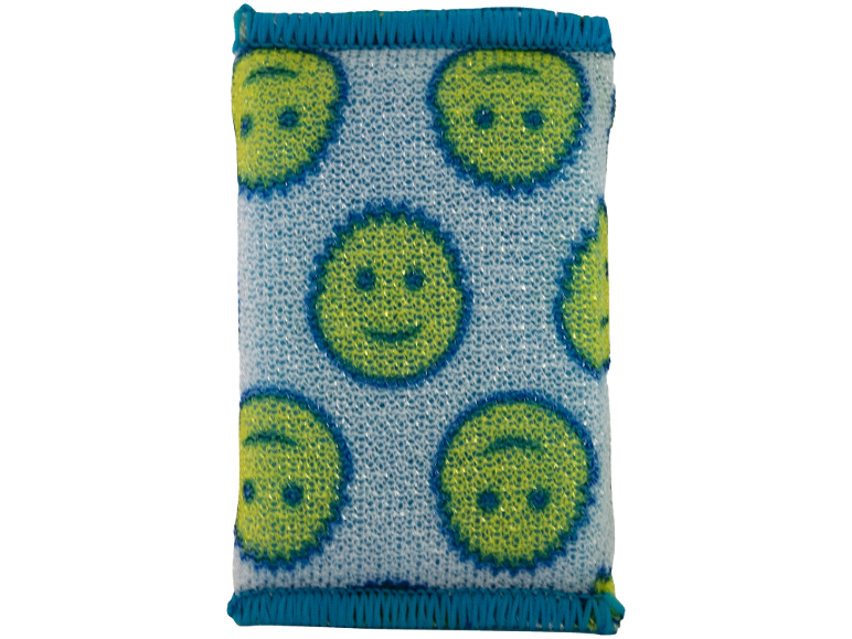 Spugna per la pulizia azzurra con faccine sorridenti gialle e un bordo blu.