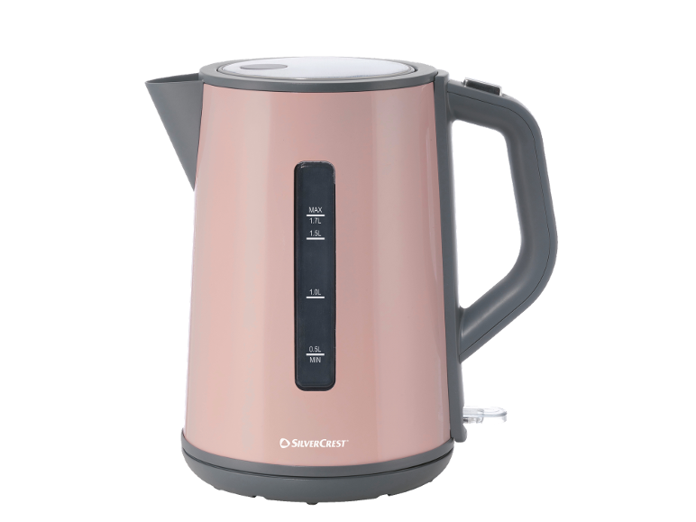 Bollitore elettrico rosa con indicatore del livello dell'acqua e dettagli grigi.