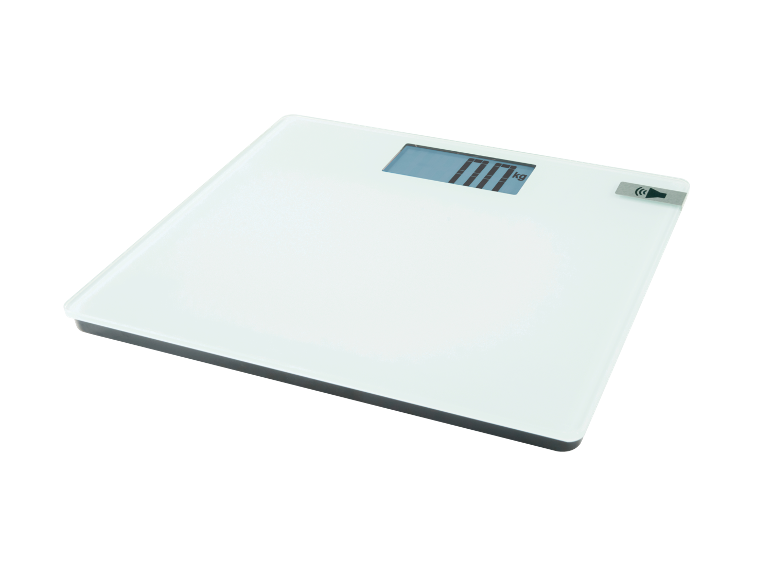 Bilancia pesapersone digitale bianca con display che mostra '0.0 kg'