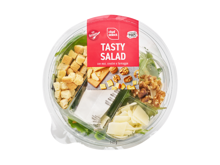 Insalata pronta con noci, crostini e formaggio, con forchetta inclusa, 140 g.