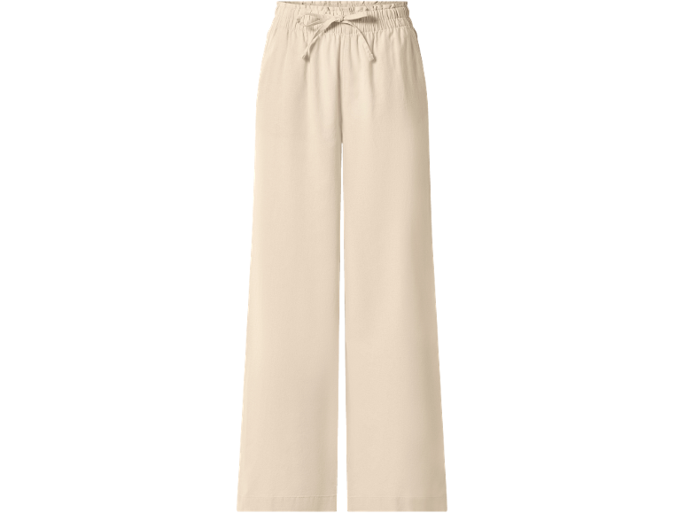 Pantaloni larghi da donna beige con elastico in vita e coulisse.