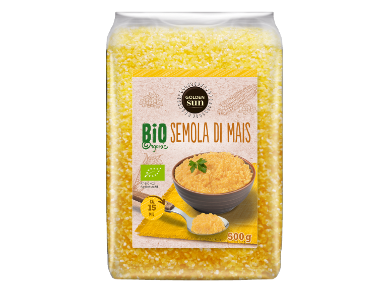 Confezione di semola di mais biologica con la scritta 'BIO SEMOLA DI MAIS', 500 g.
