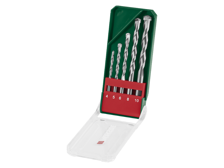 Set di punte da trapano per cemento in custodia verde e rossa, misure 4, 5, 6, 8, 10.