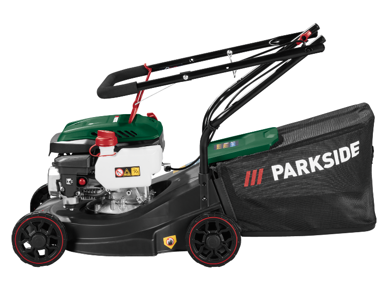 Tosaerba verde e nero con motore e sacco di raccolta erba.