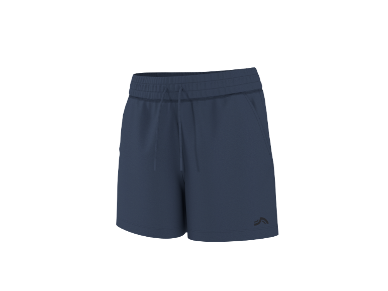 Pantaloncini sportivi blu scuro con elastico in vita e coulisse.