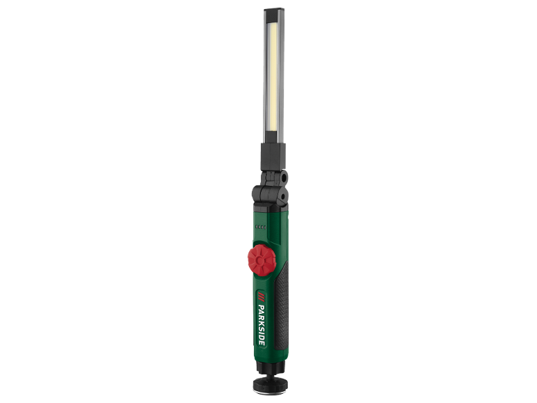 Lampada da lavoro LED verde con interruttore rotante rosso e impugnatura nera.