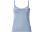 Canotta da donna azzurra con scollo a V e pizzo.