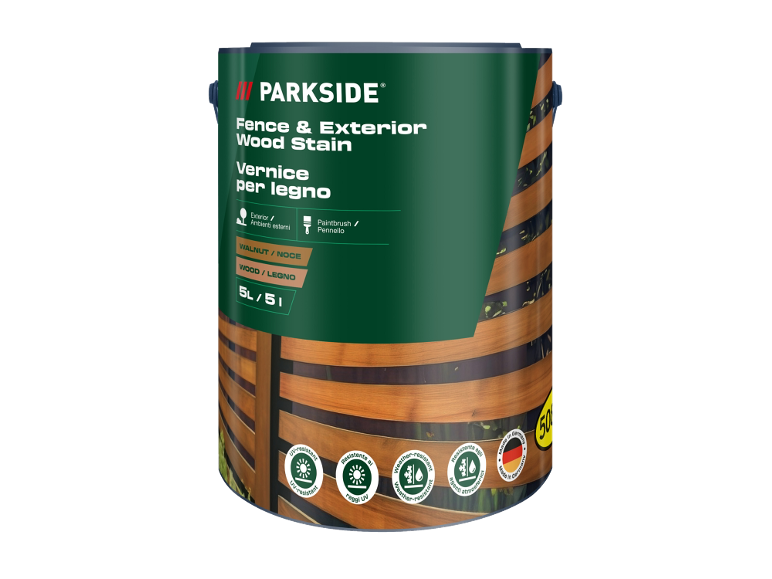 Latta da 5L di vernice per legno esterno color noce.