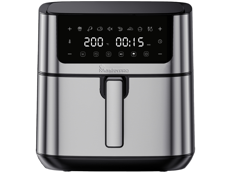 Friggitrice ad aria digitale color argento con display touch che mostra 200°C e 00:15 minuti.