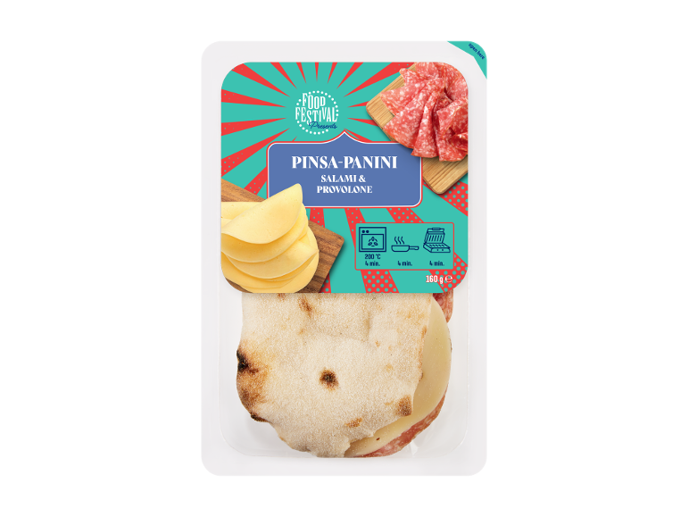 Pinsa-panini con salame e provolone, con istruzioni di cottura e peso di 160g.