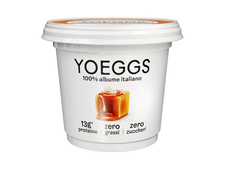Vasetto bianco di yogurt proteico al caramello, 13g di proteine, zero grassi e zuccheri.