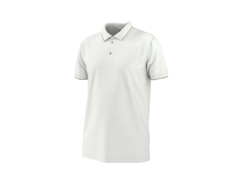 Polo bianca a maniche corte con bordo marrone chiaro su colletto e maniche