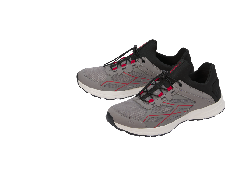 Un paio di scarpe sportive grigie con dettagli rossi e lacci elastici.