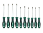 Set di 12 cacciaviti con impugnature ergonomiche verdi e nere, incluse punte piatte e a croce.
