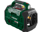 Compressore portatile verde e nero con maniglia, luce e tubo riposto.