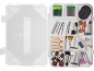 Kit accessori per utensile rotante in scatola, include pietre abrasive, ruote lucidanti e punte da trapano.