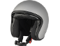 Casco da moto jet grigio con rivestimento interno nero e cinturino.