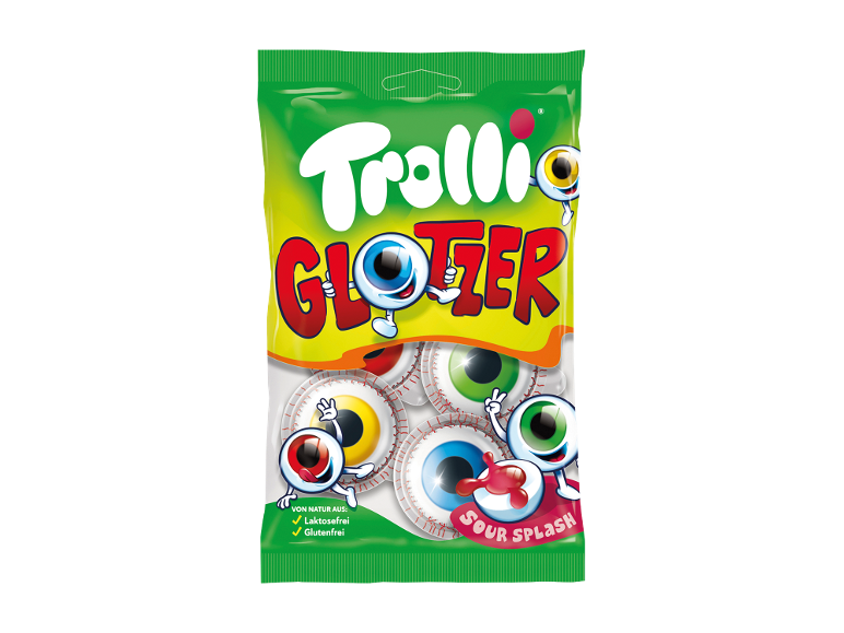 Caramelle gommose aspre a forma di occhi Trolli Glotzer in busta verde