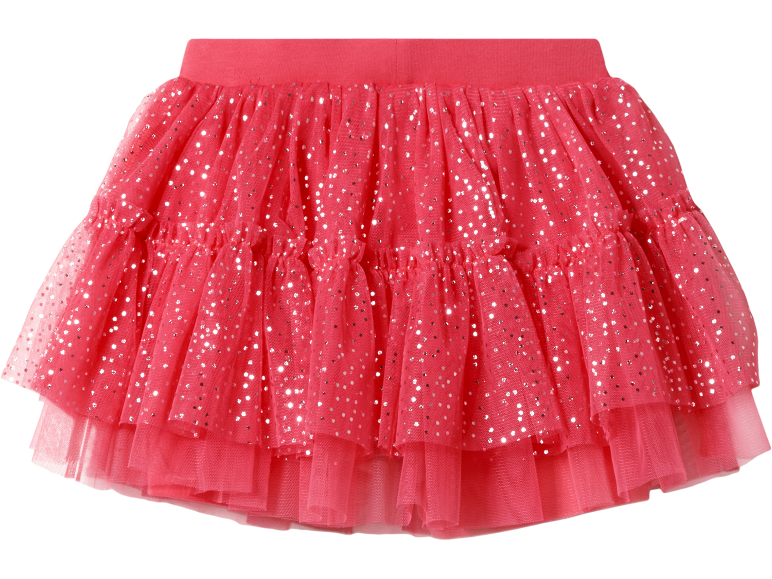 Gonna in tulle rosa con paillettes argentate, balze e vita elasticizzata.