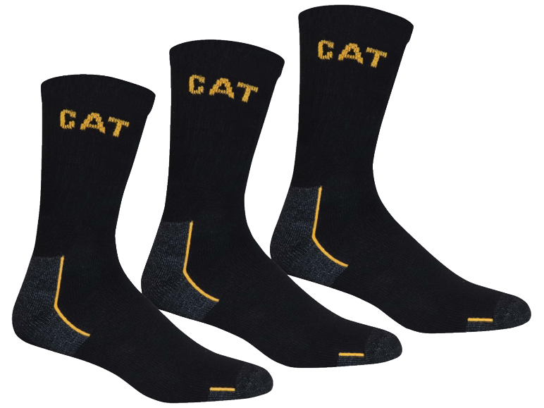 Tre paia di calzini neri con dettagli gialli e la scritta 'CAT' in alto.