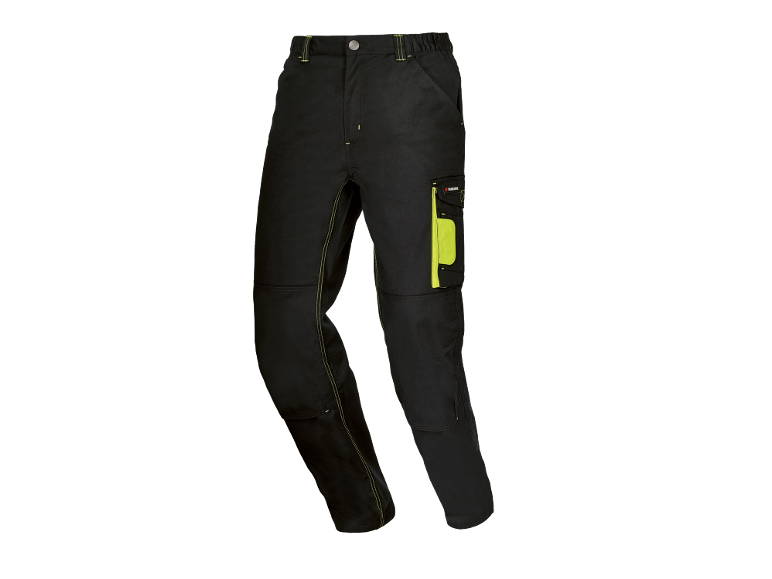 Pantaloni da lavoro neri con cuciture e tasche giallo neon.