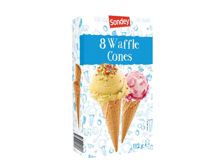 Confezione da 8 coni waffle con immagine di gelato alla vaniglia e fragola.