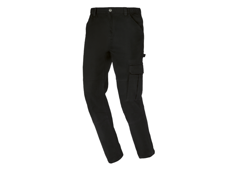 Pantaloni da lavoro neri con tasche cargo e dettagli rinforzati.