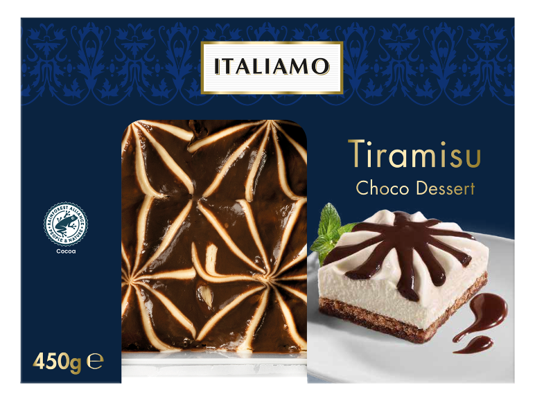 Dessert Tiramisù al Cioccolato con una spirale decorativa di cioccolato, 450g.