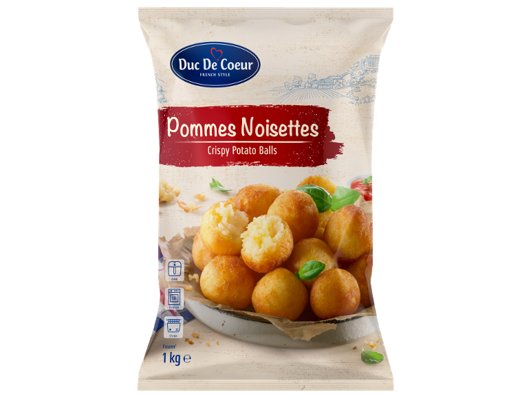 Palline di patate croccanti surgelate (Pommes Noisettes) in confezione da 1kg, con istruzioni di cottura.