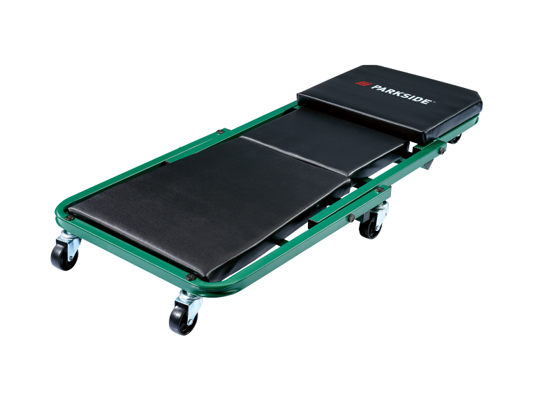 Carrello da meccanico pieghevole verde con cuscini imbottiti neri e ruote.