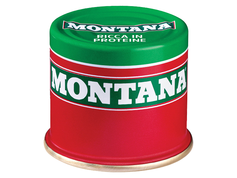 Lattina con coperchio verde e corpo rosso, con la scritta 'RICCA IN PROTEINE'.
