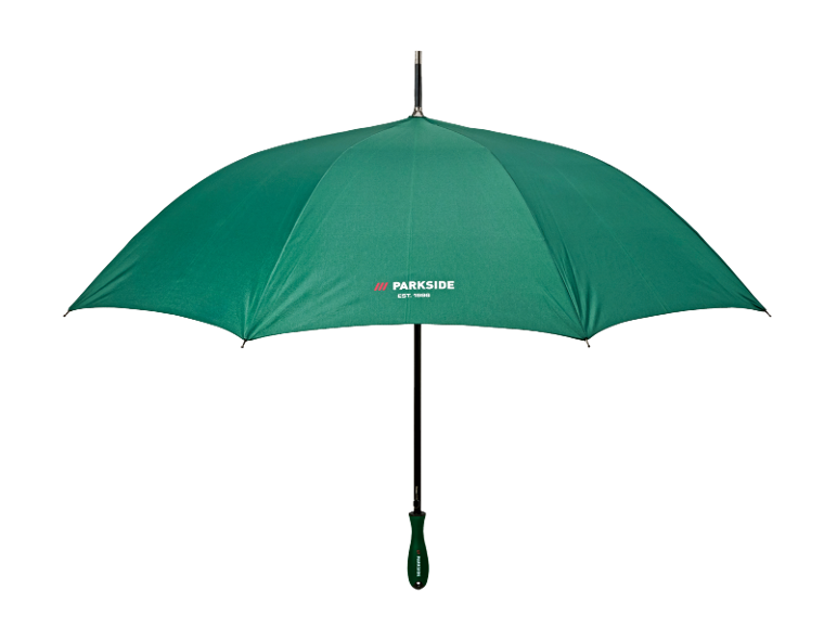 Ombrello verde con logo e manico a forma di cacciavite.