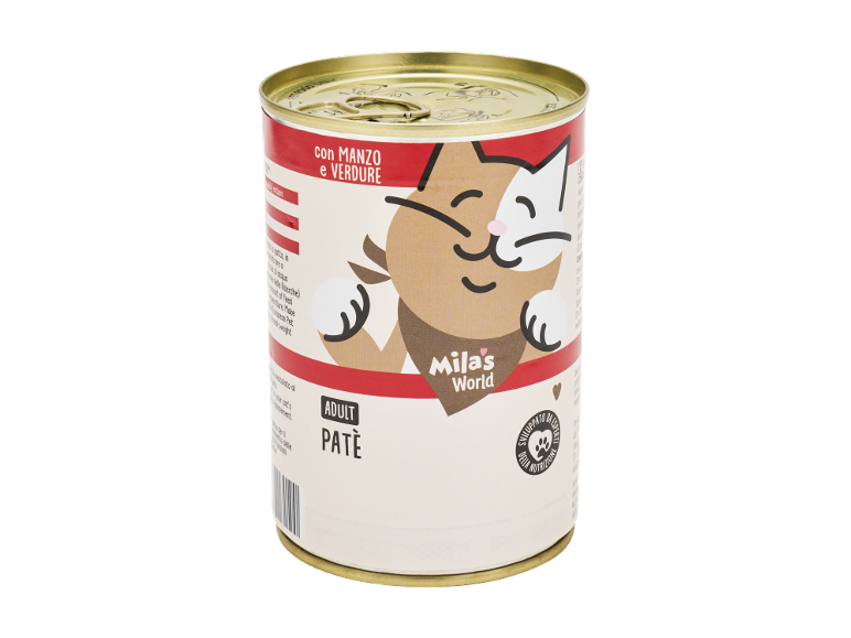 Lattina di cibo per gatti con manzo e verdure, paté per gatti adulti.