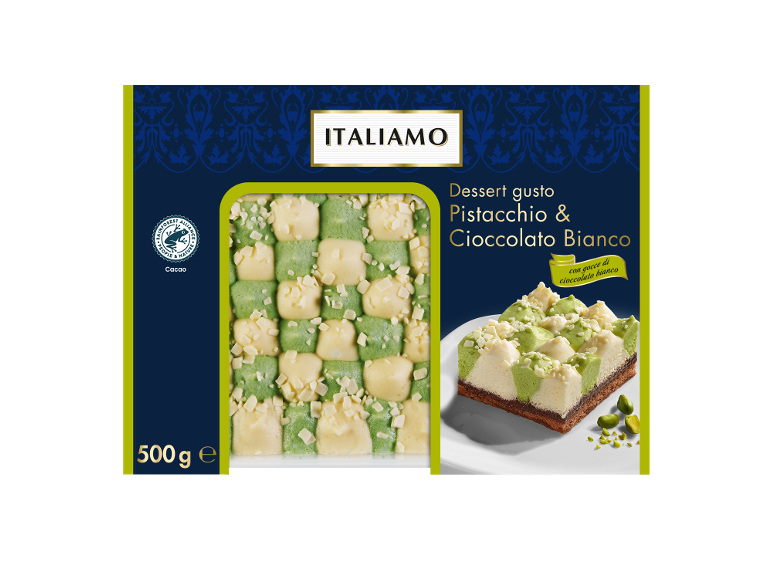 Dessert gusto pistacchio e cioccolato bianco, 500 g.