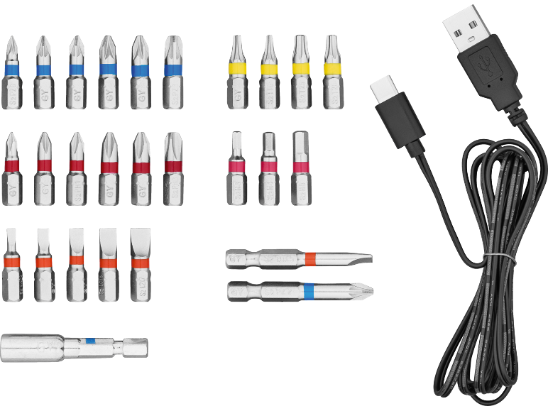 Set di punte per cacciavite e cavo di ricarica USB.