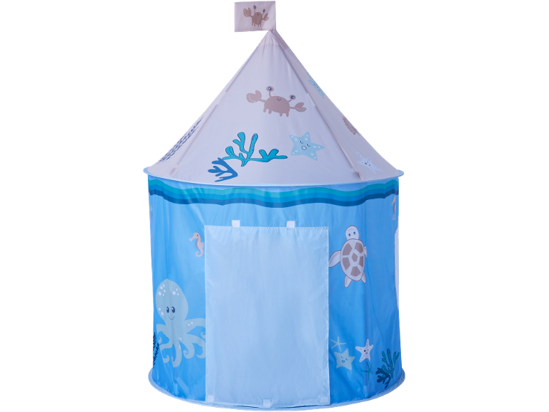 Tenda da gioco per bambini a tema marino, con granchi, stelle marine, tartarughe e polpi.