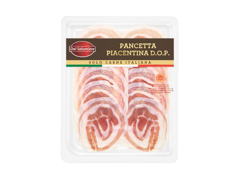 Pancetta Piacentina D.O.P. affettata, solo carne italiana.